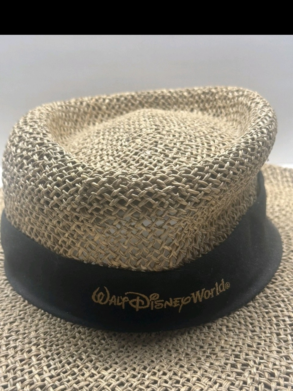 Disney Natural Straw Sun Hat with Black Trim and Gold Logo